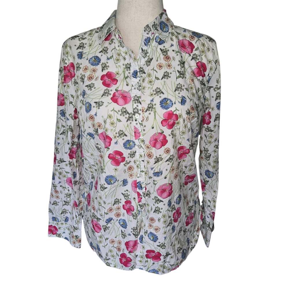 Talbots Womens 12 Floral Button Down Shirt Blouse White Pink Blue Cottagecore